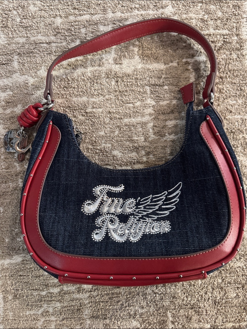 True Religion Navy Denim Shoulder Bag with Red Trim